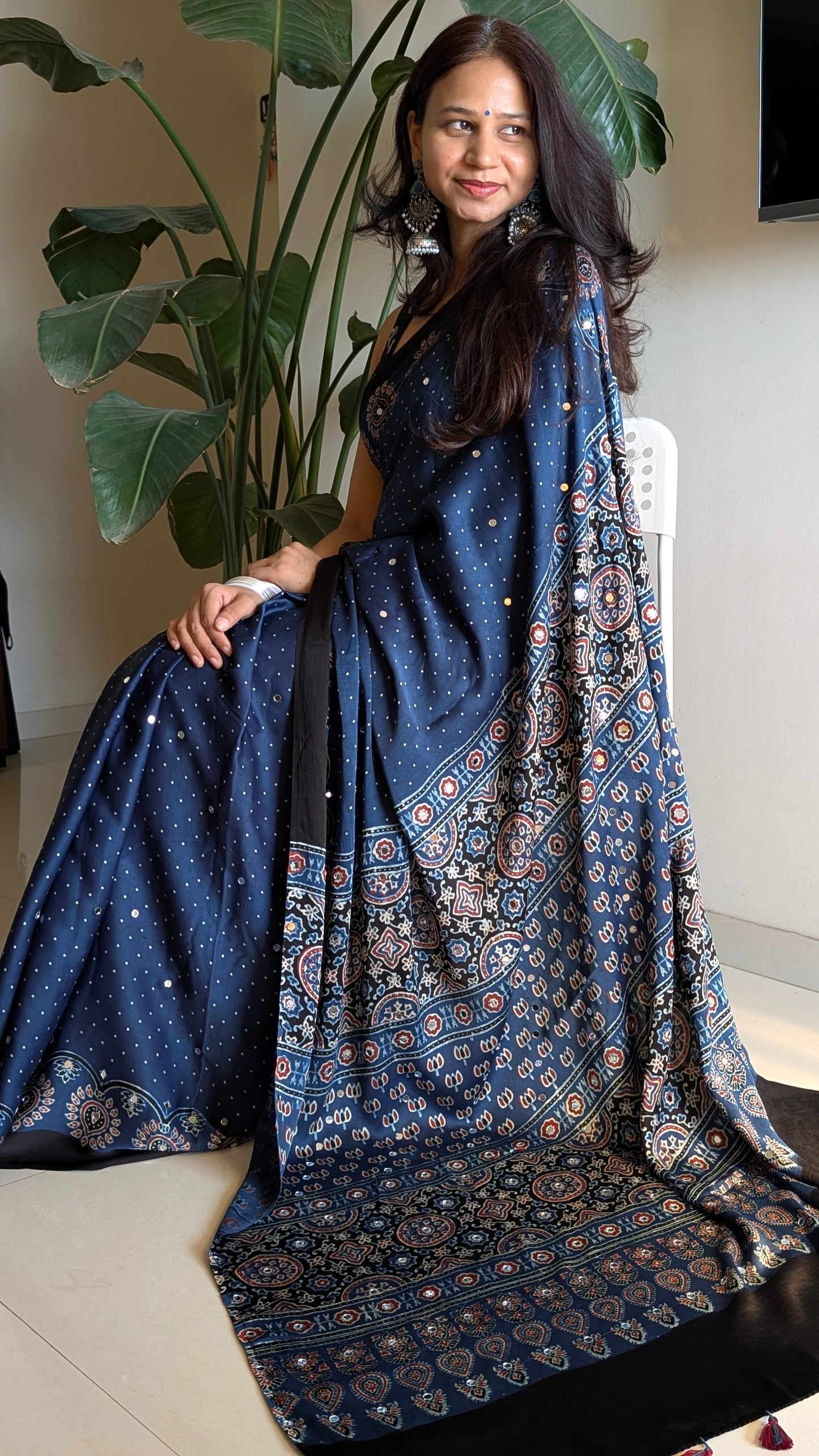 Blue Ajrakh modal silk mirror work saree | TheRangBhoomi