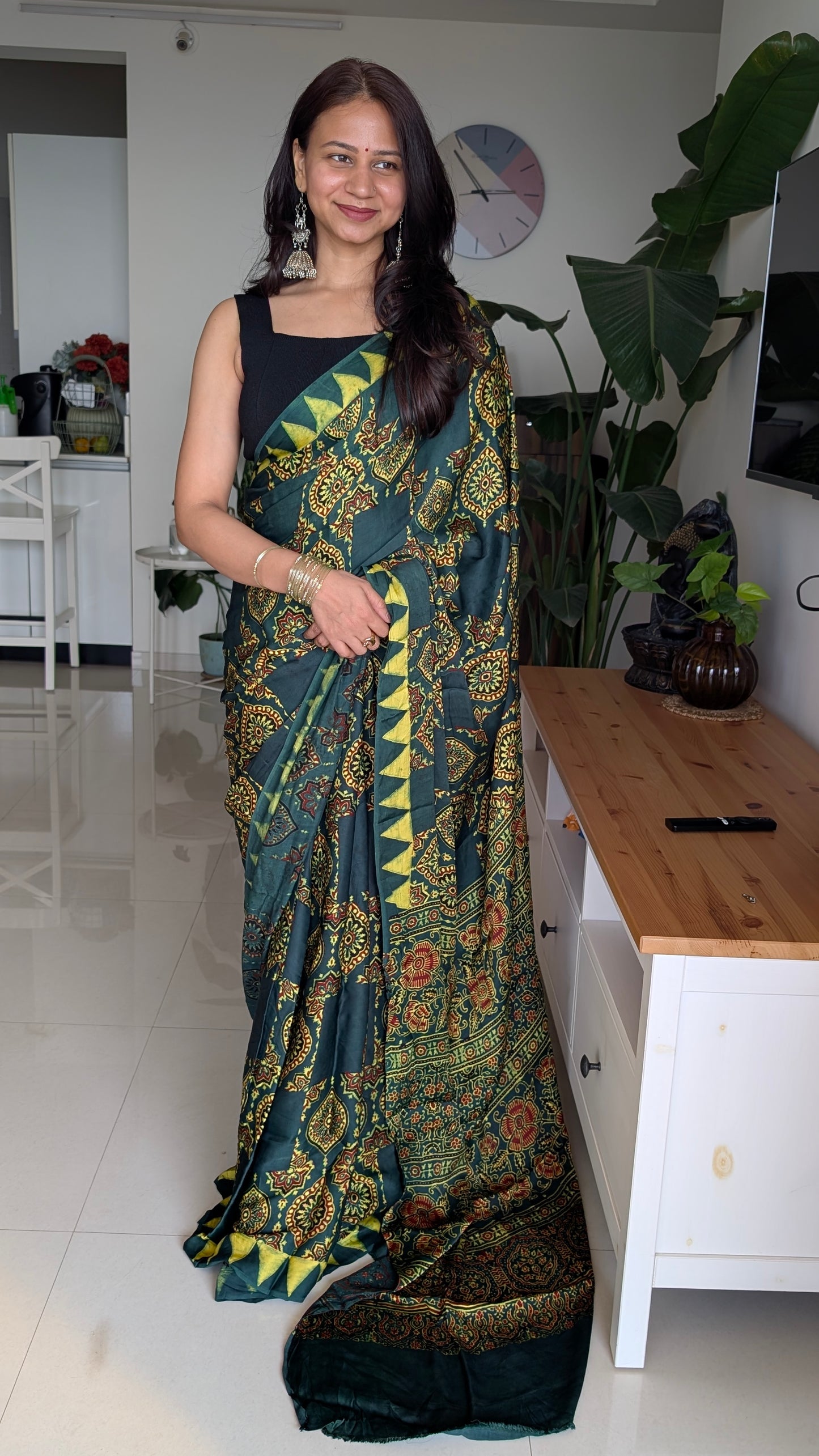 Ajrakh Saree | Modal Silk | Naturally Dyed Handcrafted Saree | Green