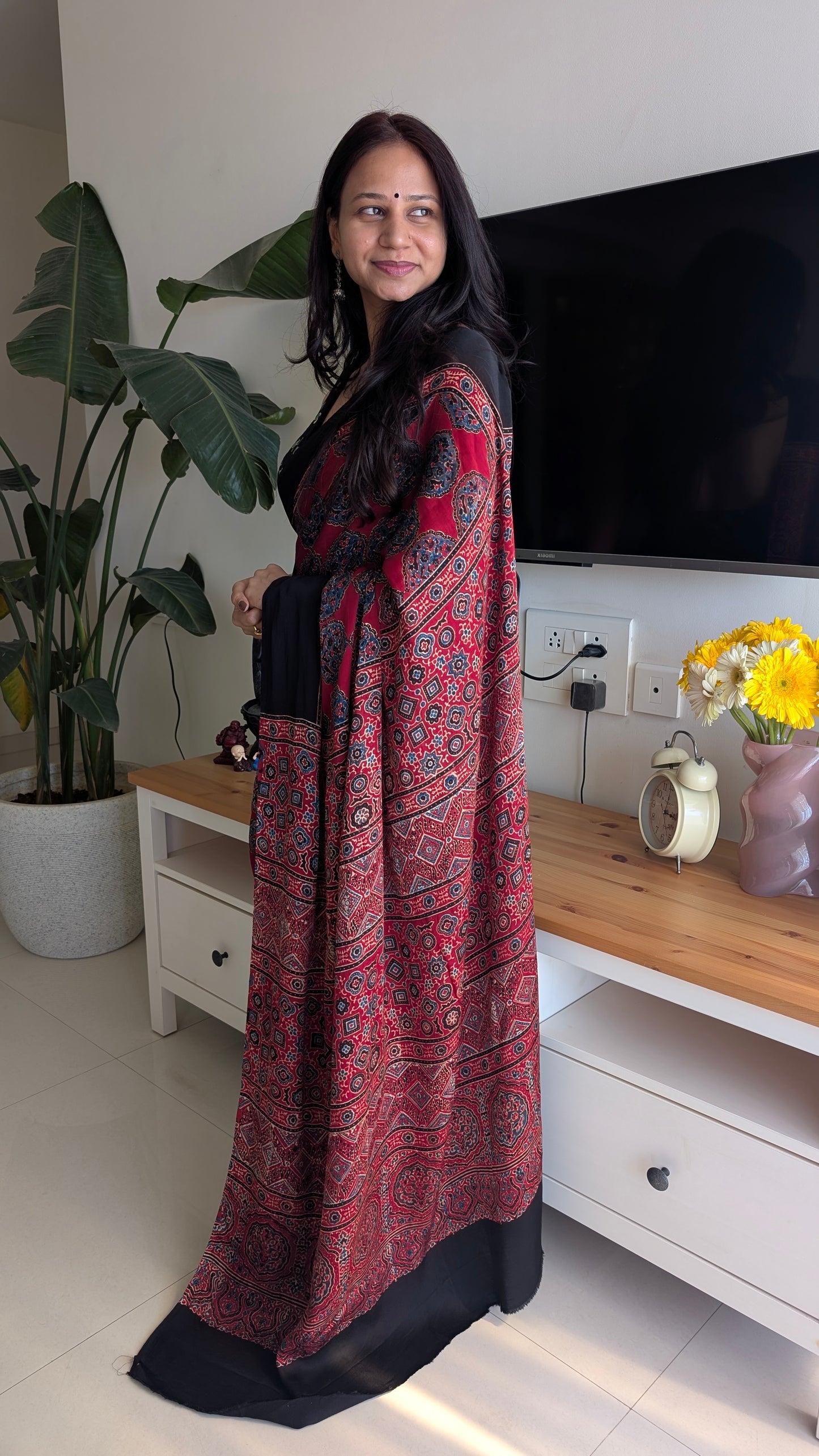 Ajrakh Saree in Modal Silk - Hand Block Print and Naturally Dyed | TheRangBhoomi