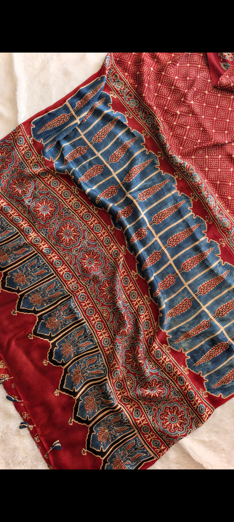 Ajrakh Saree in Modal Silk - Hand Block Print and Naturally Dyed | TheRangBhoomi