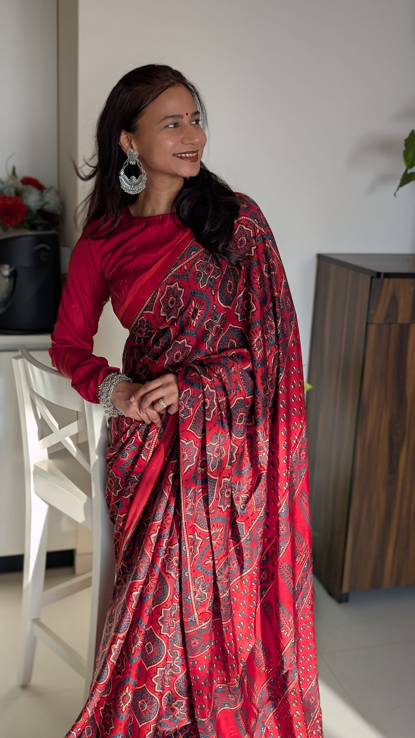 [PRE ORDER ONLY] Ajrakh Saree in Modal Silk - Hand Block Print and Naturally Dyed | TheRangBhoomi