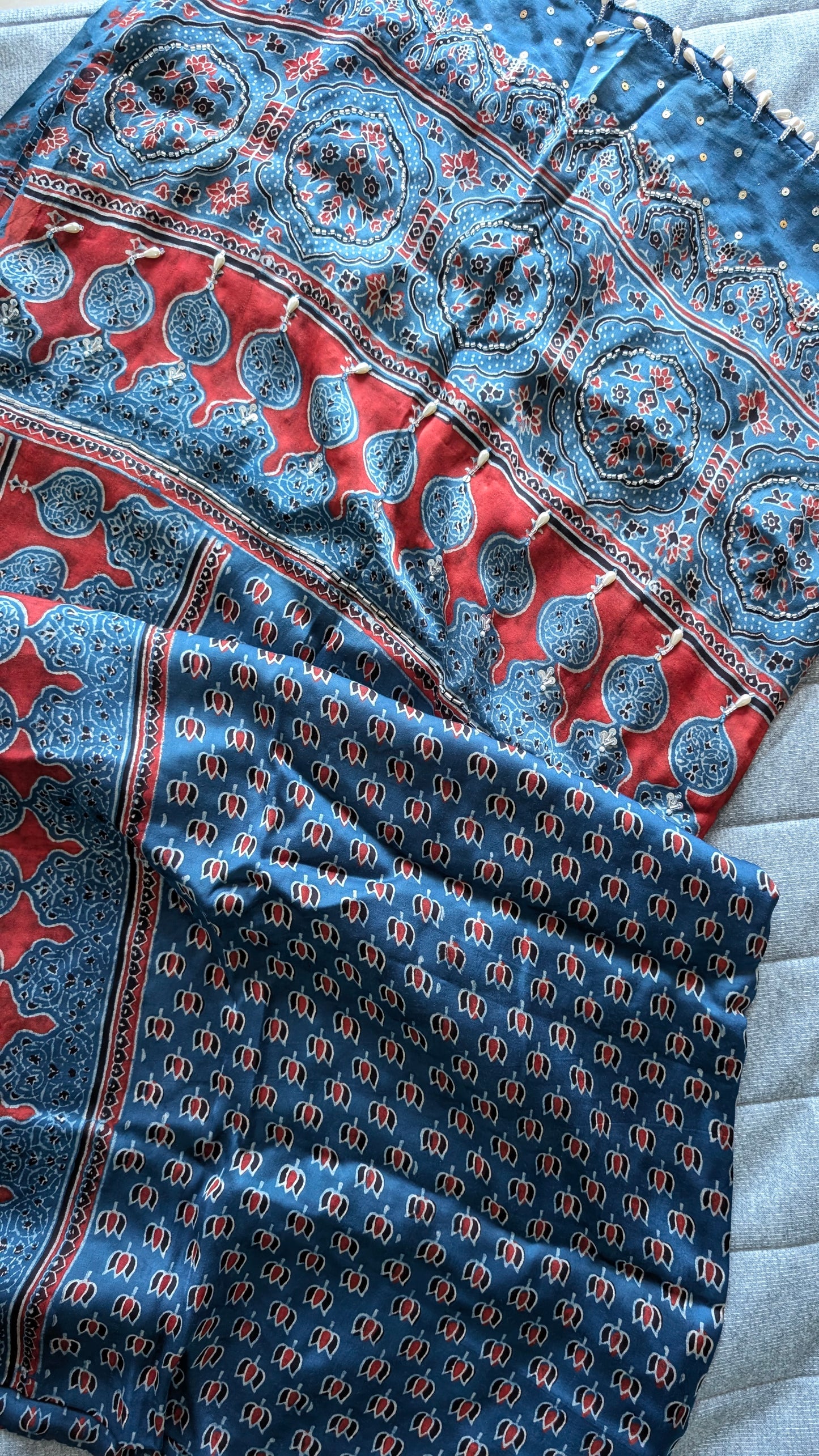 Ajrakh Modal Silk | Suit Set | Blue | Handembroidery | 3 PC