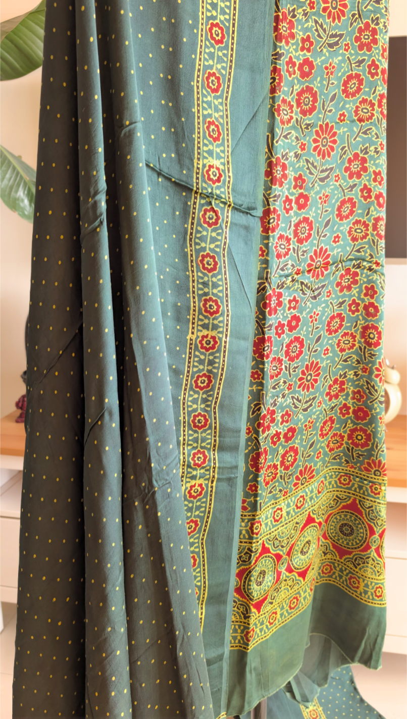 Ajrakh Modal Silk | Suit Set | Green | 3 PC