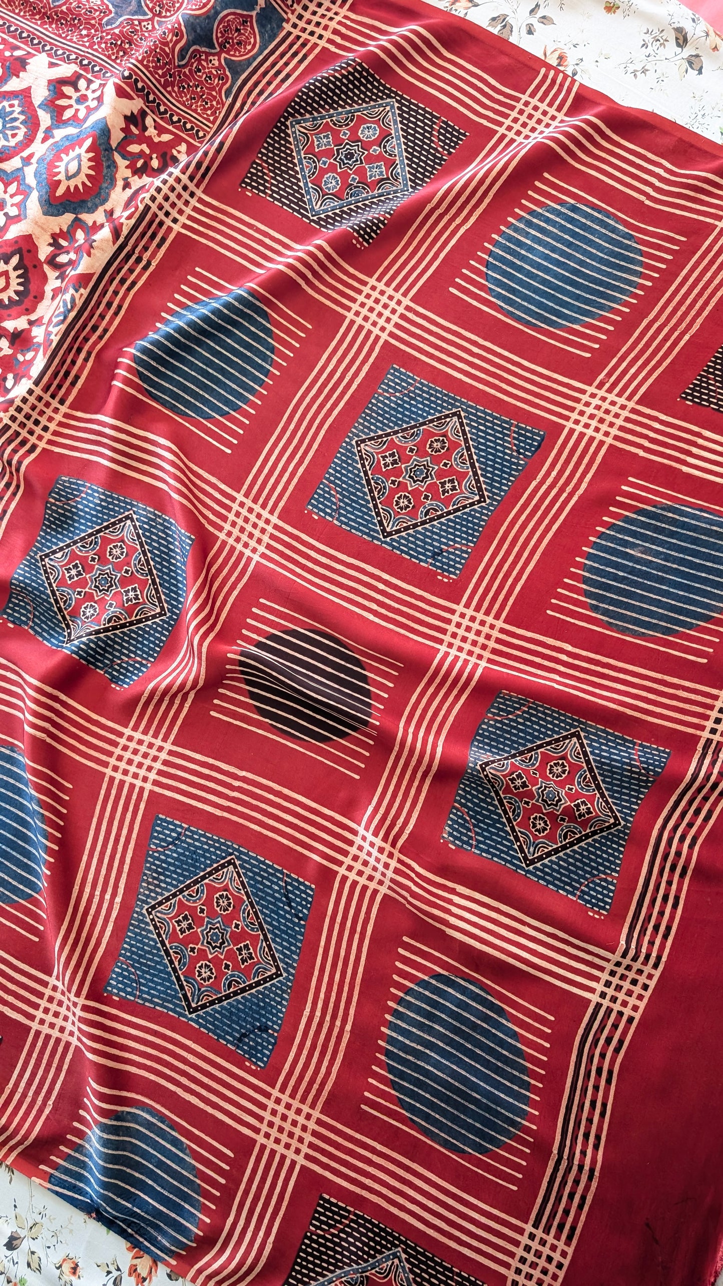 Ajrakh Saree in Modal Silk - Hand Block Print and Naturally Dyed | TheRangBhoomi