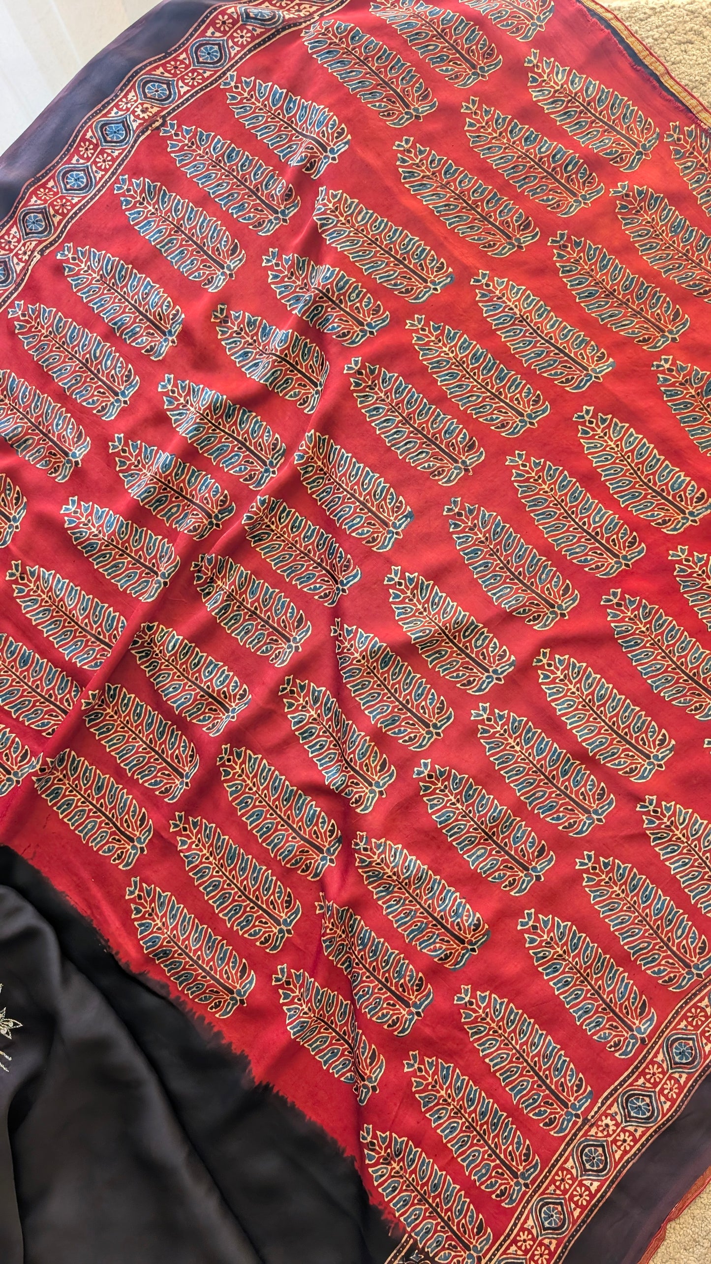Black Ajrakh Hand Embroidery Saree in Modal Silk | TheRangBhoomi
