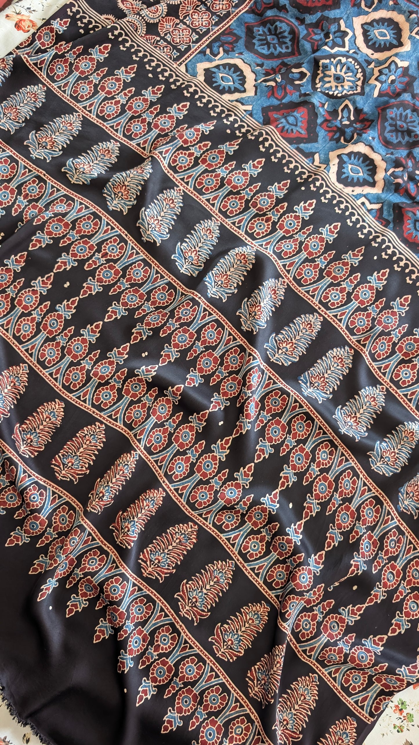 Ajrakh Saree in Modal Silk - Hand Block Print and Naturally Dyed | TheRangBhoomi