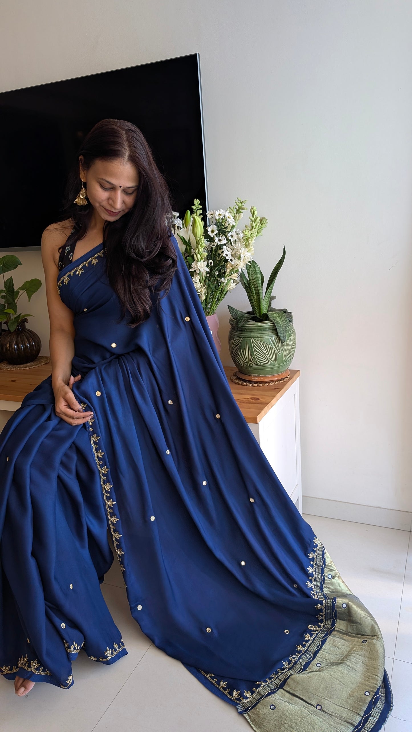 Navy Blue Hand Embroidery Saree in Modal Silk | TheRangBhoomi