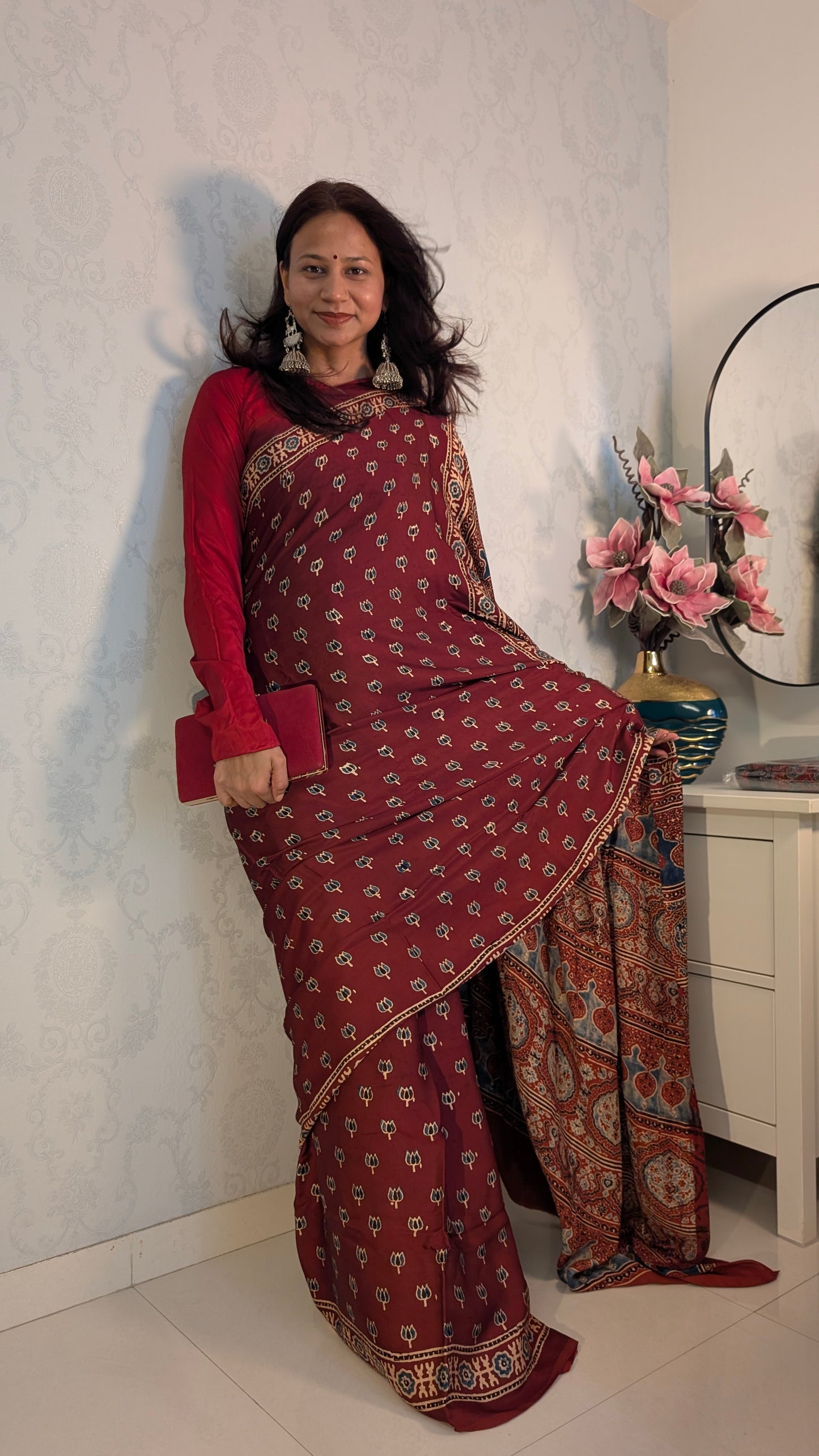 [PRE ORDER ONLY] Ajrakh Saree in Modal Silk - Hand Block Print and Naturally Dyed | TheRangBhoomi