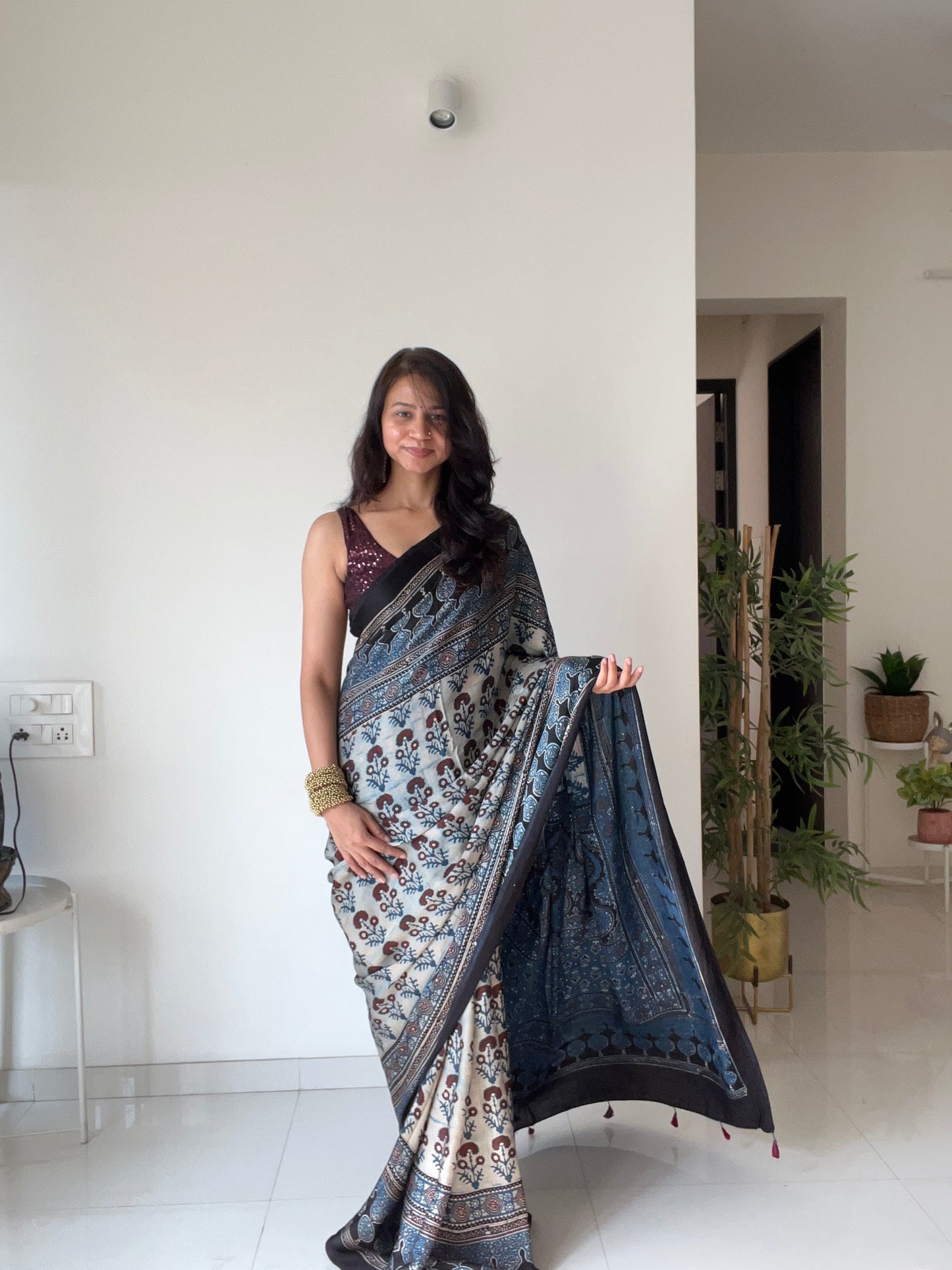 [PRE ORDER ONLY] Ajrakh Saree in Modal Silk - Hand Block Print and Naturally Dyed | TheRangBhoomi