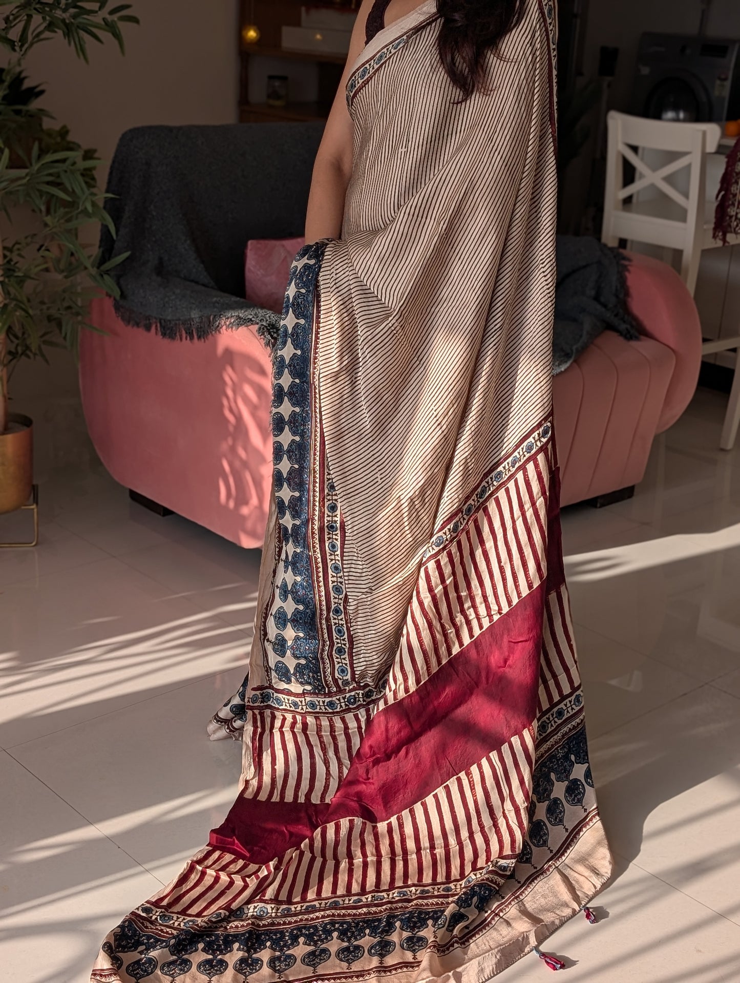 [PRE ORDER ONLY] Ajrakh Saree in Modal Silk - Hand Block Print and Naturally Dyed | TheRangBhoomi