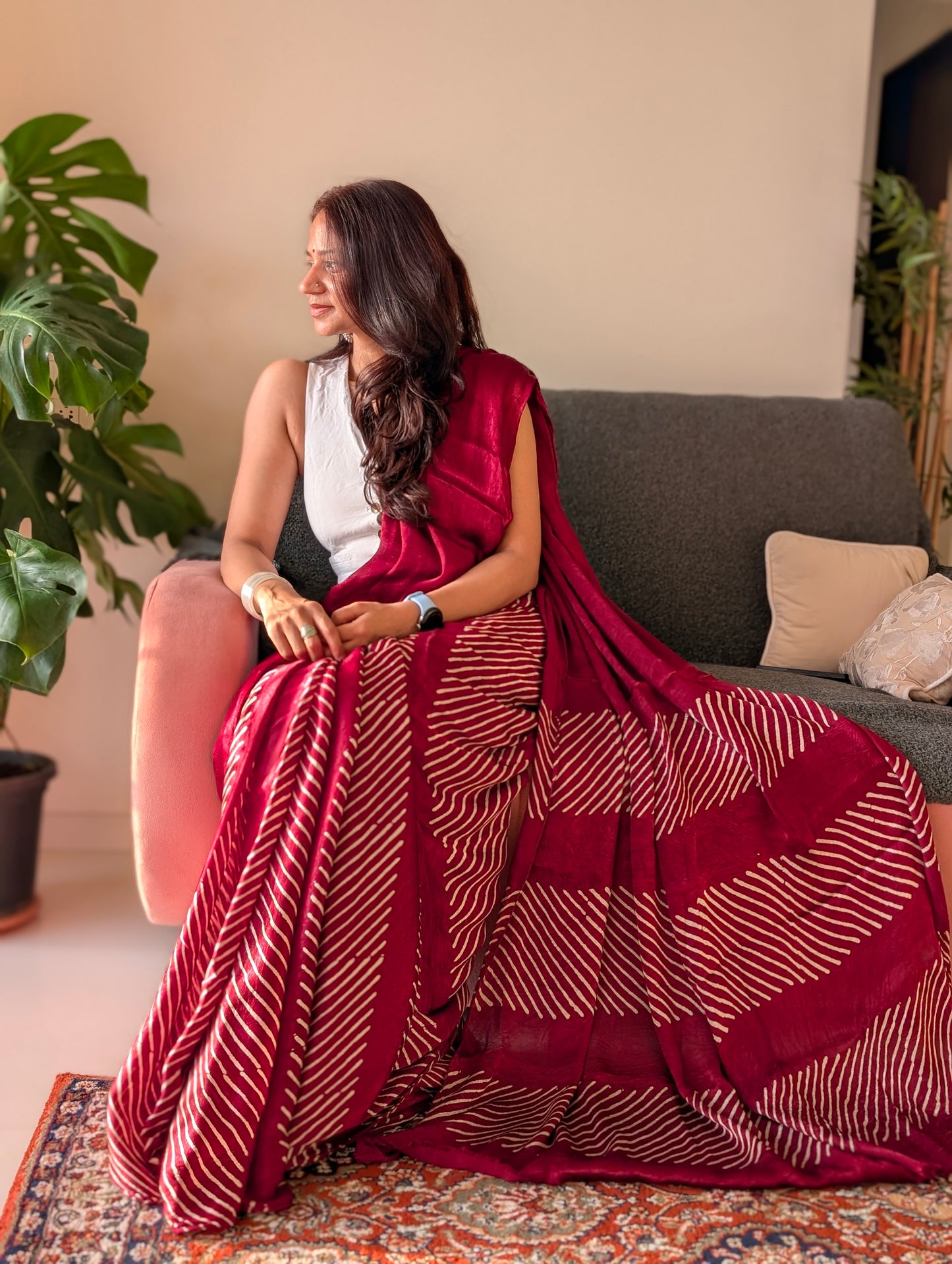 Ajrakh Saree in Modal Silk - Hand Block Print and Naturally Dyed | TheRangBhoomi