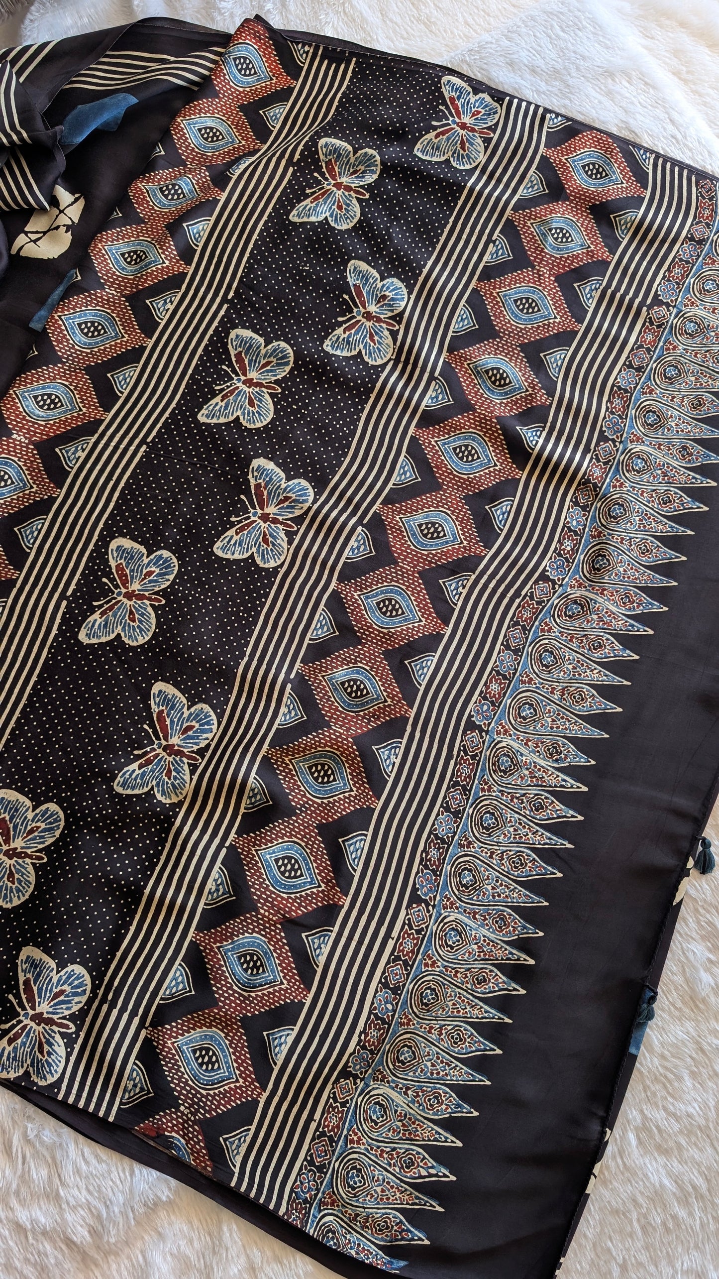 Ajrakh Saree | Modal Silk | Naturally Dyed Handcrafted Saree | Black | Geometric Patterns