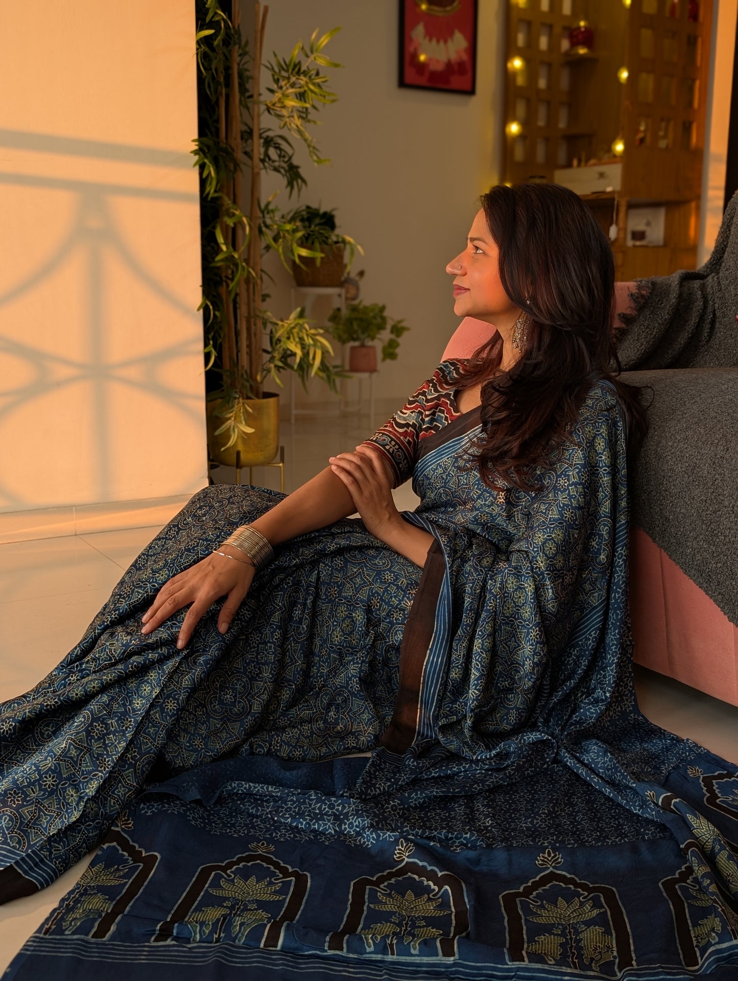 [PRE ORDER ONLY] Ajrakh Saree in Modal Silk - Hand Block Print and Naturally Dyed | TheRangBhoomi