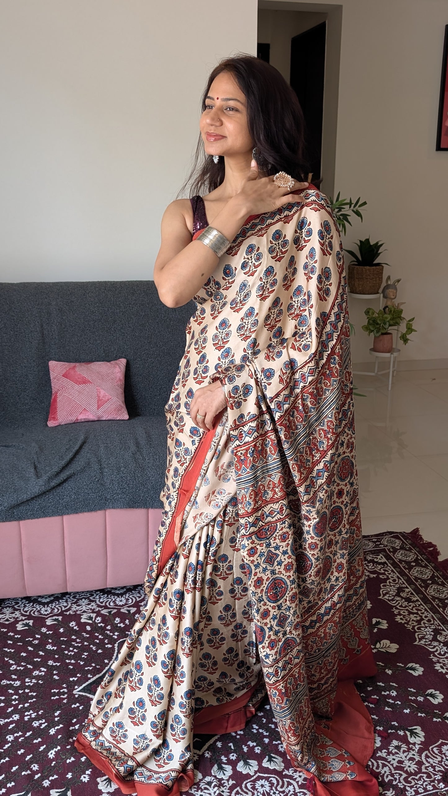 [PRE ORDER ONLY] Ajrakh Saree in Modal Silk - Hand Block Print and Naturally Dyed | TheRangBhoomi