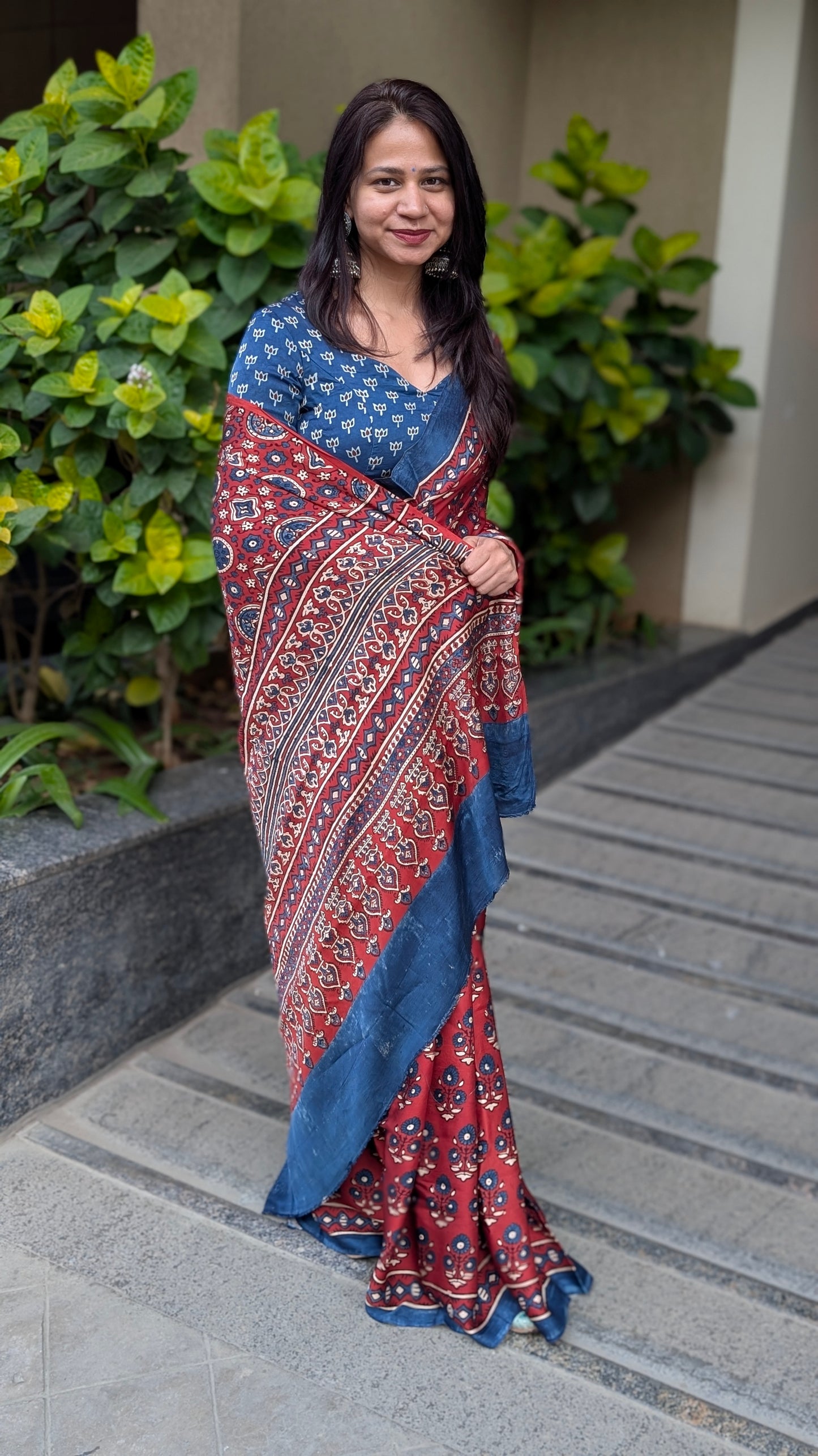 [PRE ORDER ONLY] Ajrakh Saree in Modal Silk - Hand Block Print and Naturally Dyed | TheRangBhoomi
