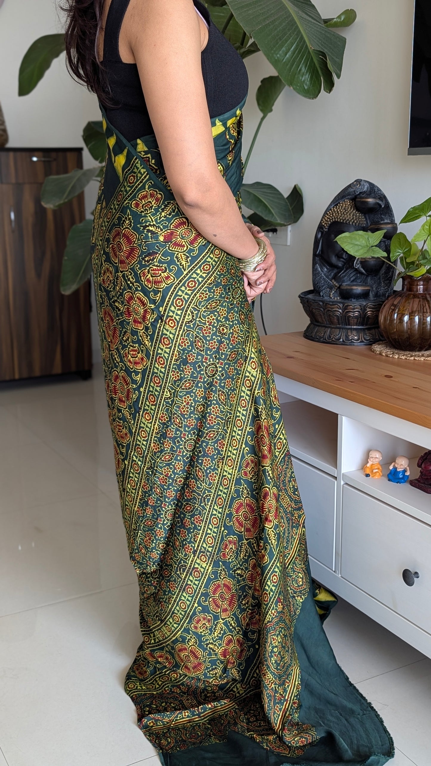 Ajrakh Saree | Modal Silk | Naturally Dyed Handcrafted Saree | Green
