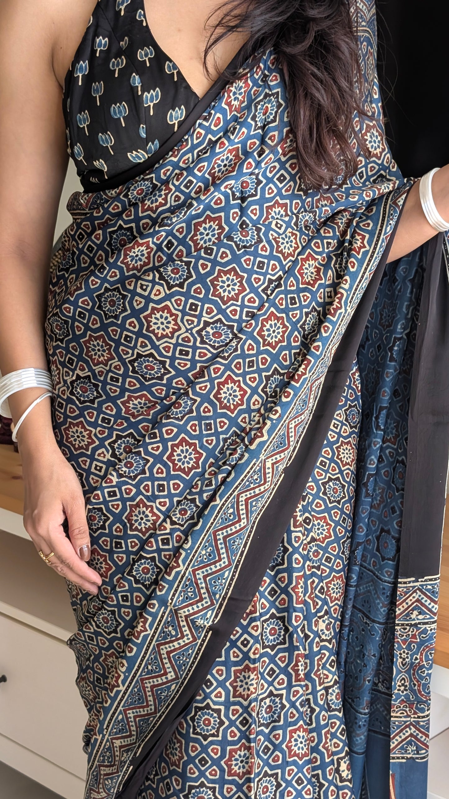 Ajrakh Saree in Modal Silk - Hand Block Print and Naturally Dyed | TheRangBhoomi