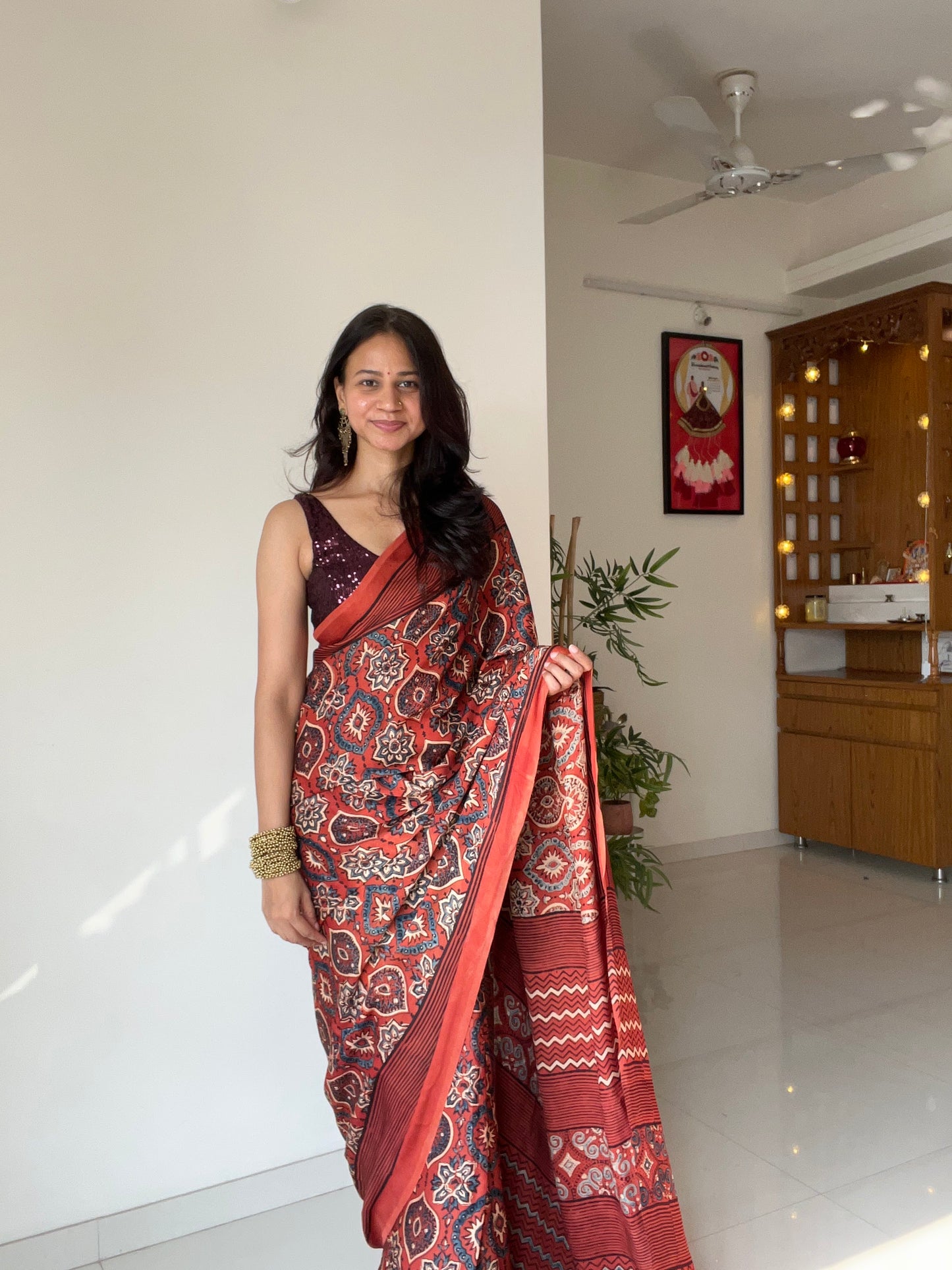 [PRE ORDER ONLY] Ajrakh Saree in Modal Silk - Hand Block Print and Naturally Dyed | TheRangBhoomi