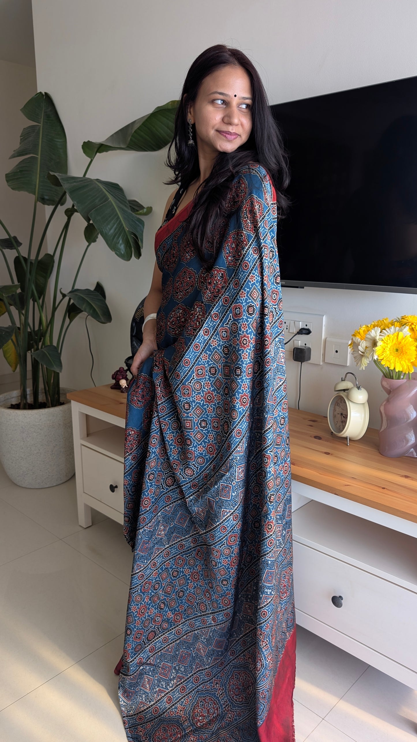 Blue Ajrakh Saree in Modal Silk - Hand Block Print and Naturally Dyed | TheRangBhoomi