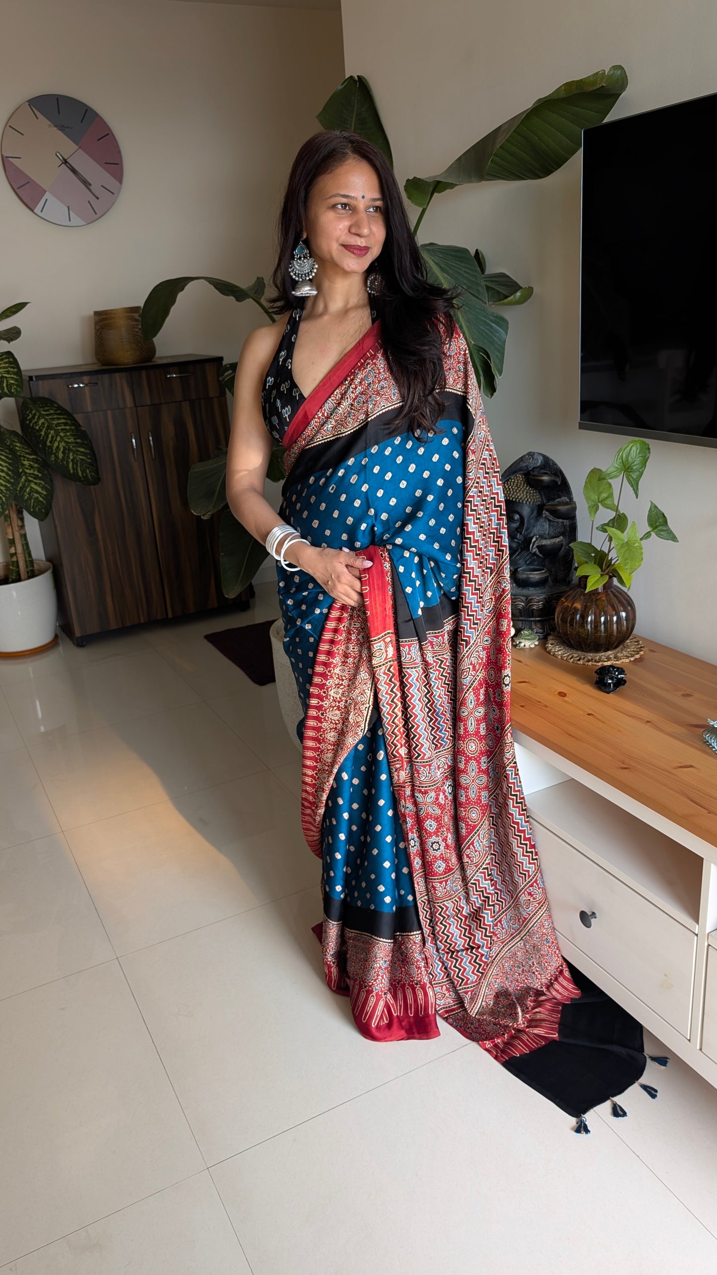 Bandhani Saree with Ajrakh Pallu | TheRangBhoomi Fusion Saree | Peacock Blue