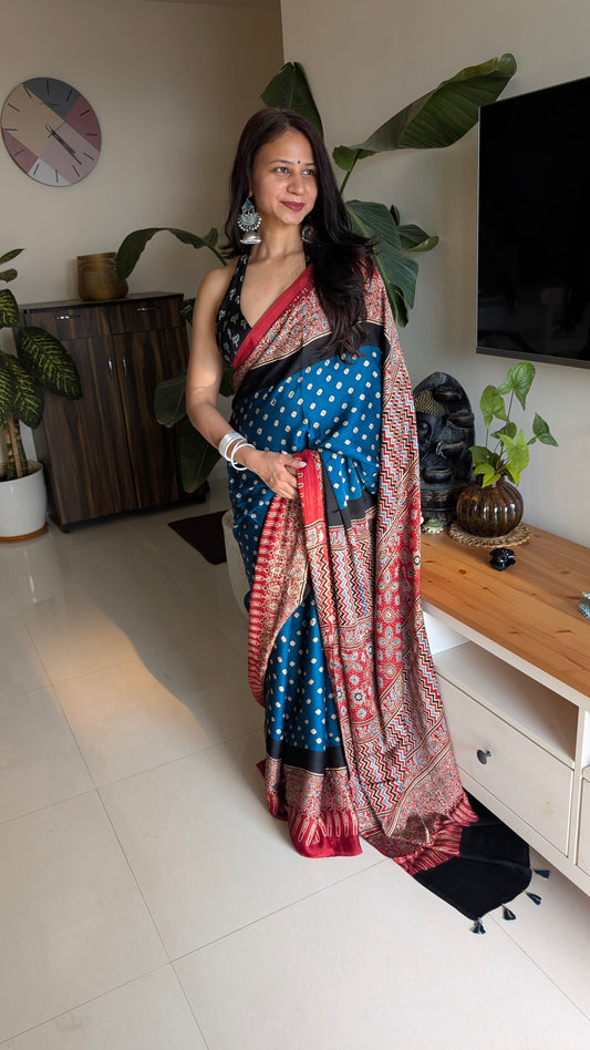 Bandhani Saree with Ajrakh Pallu | TheRangBhoomi Fusion Saree | Peacock Blue