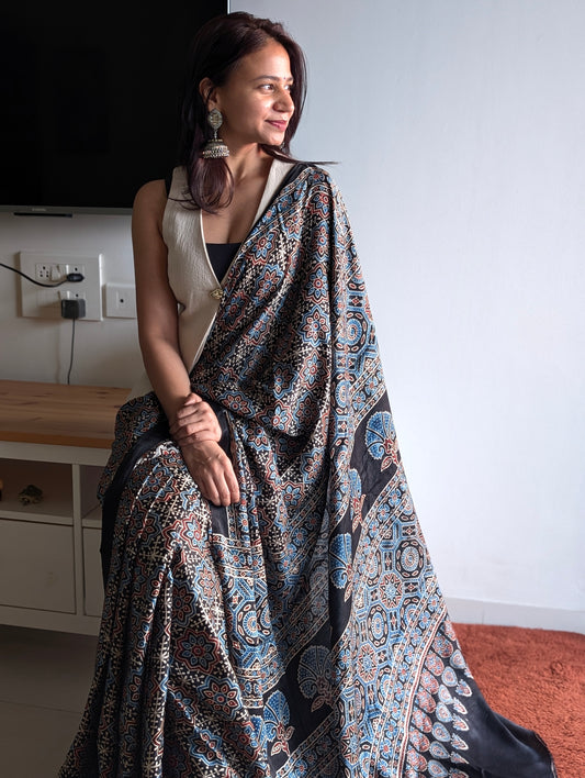(AVAILABLE ON PRE ORDER) Ajrakh Saree in Modal Silk - Hand Block Print and Naturally Dyed | TheRangBhoomi