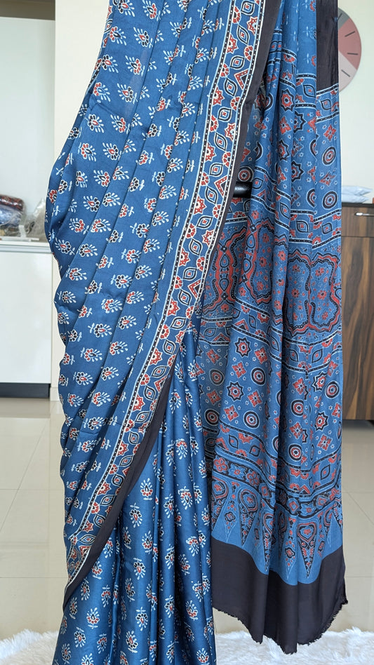 Ajrakh Saree in Modal Silk - Hand Block Print and Naturally Dyed | TheRangBhoomi
