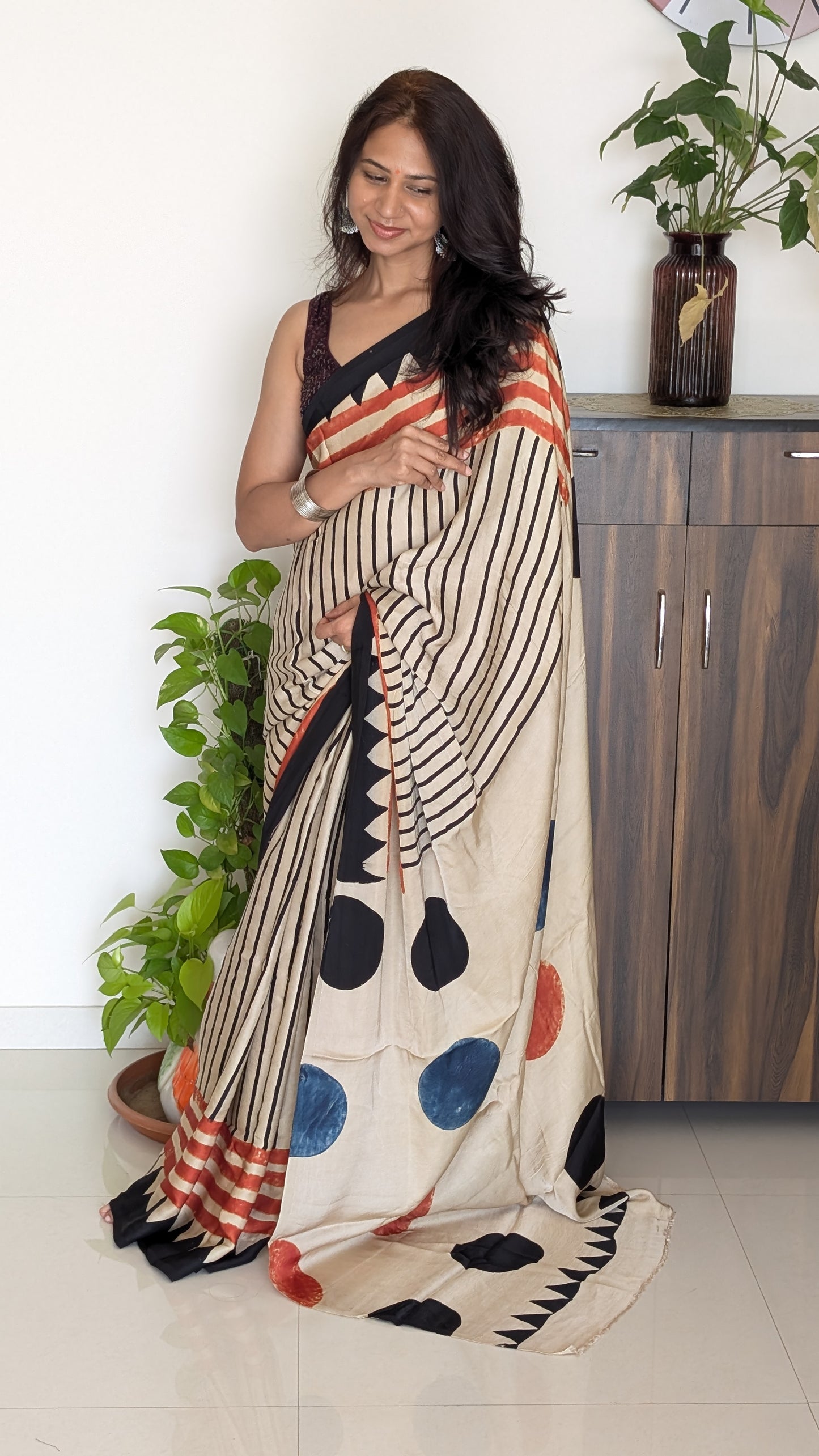Ajrakh Saree in Modal Silk - Hand Block Print and Naturally Dyed | TheRangBhoomi
