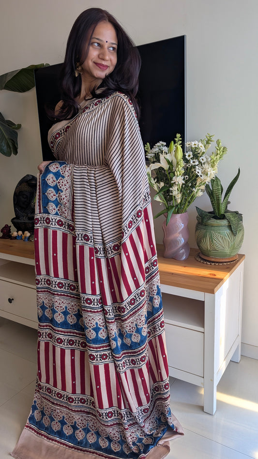Off White / Ivory Ajrakh Hand Embroidery Saree in Modal Silk | TheRangBhoomi