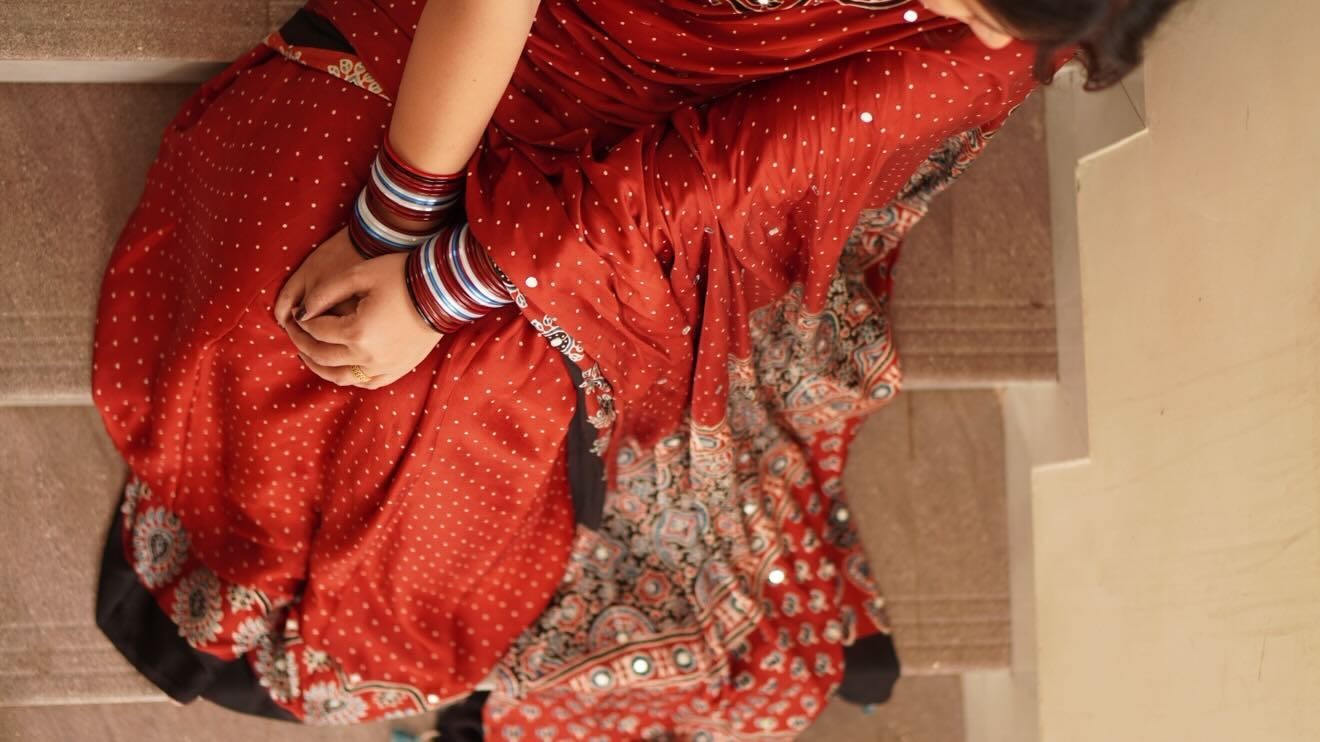 Red Ajrakh modal silk mirror work saree | TheRangBhoomi
