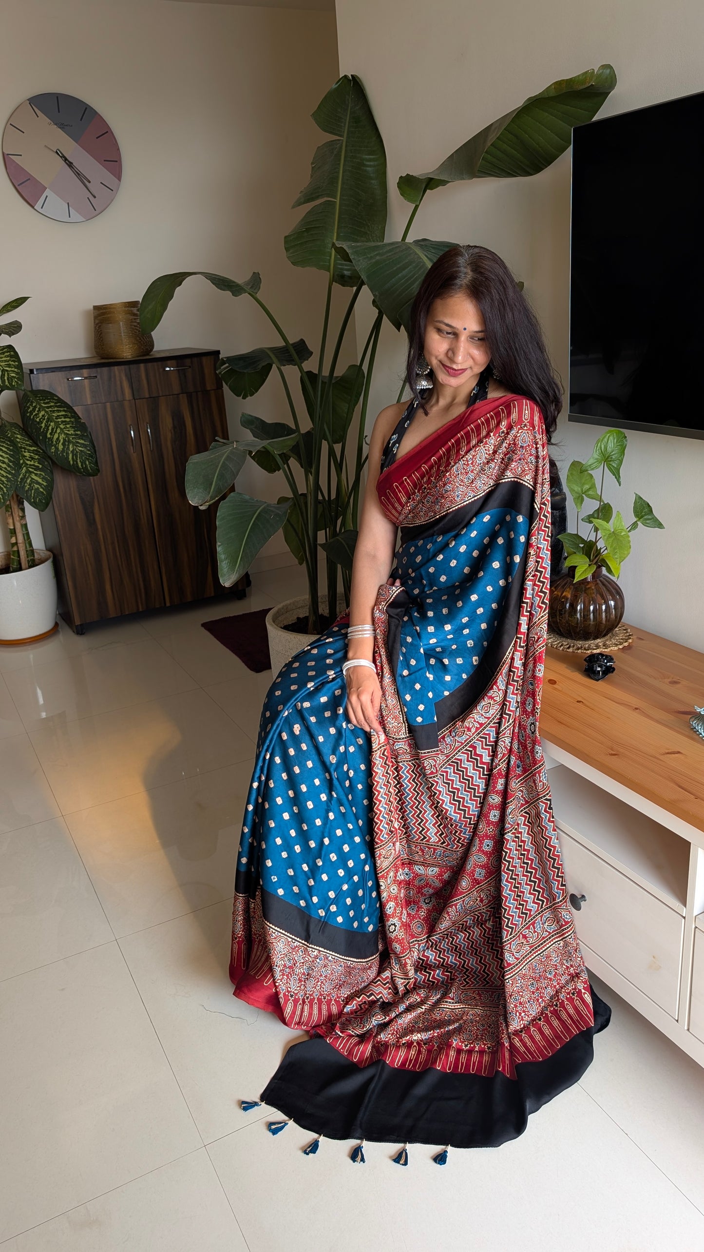 Bandhani Saree with Ajrakh Pallu | TheRangBhoomi Fusion Saree | Peacock Blue