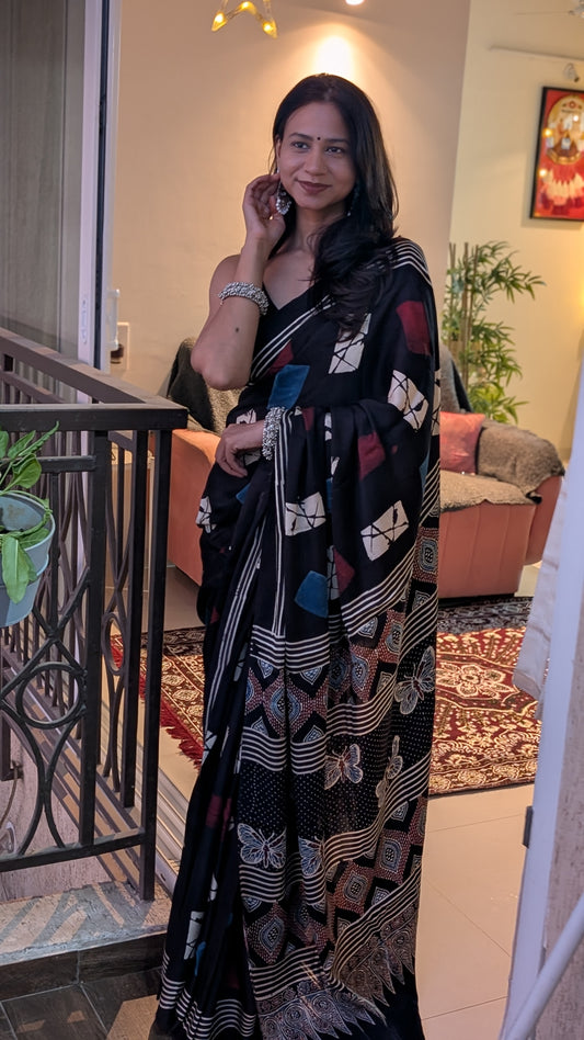 Ajrakh Saree | Modal Silk | Naturally Dyed Handcrafted Saree | Black | Geometric Patterns