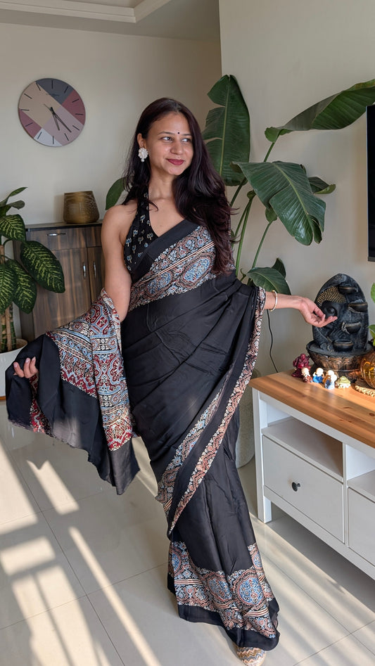 [PRE ORDER ONLY] Ajrakh Saree in Modal Silk - Hand Block Print and Naturally Dyed | TheRangBhoomi