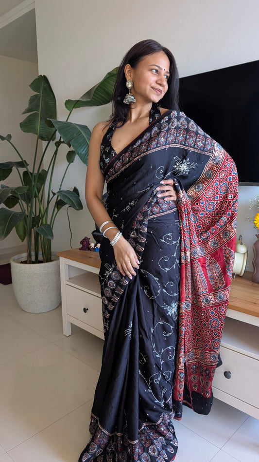 Black Ajrakh Hand Embroidery Saree in Modal Silk | TheRangBhoomi