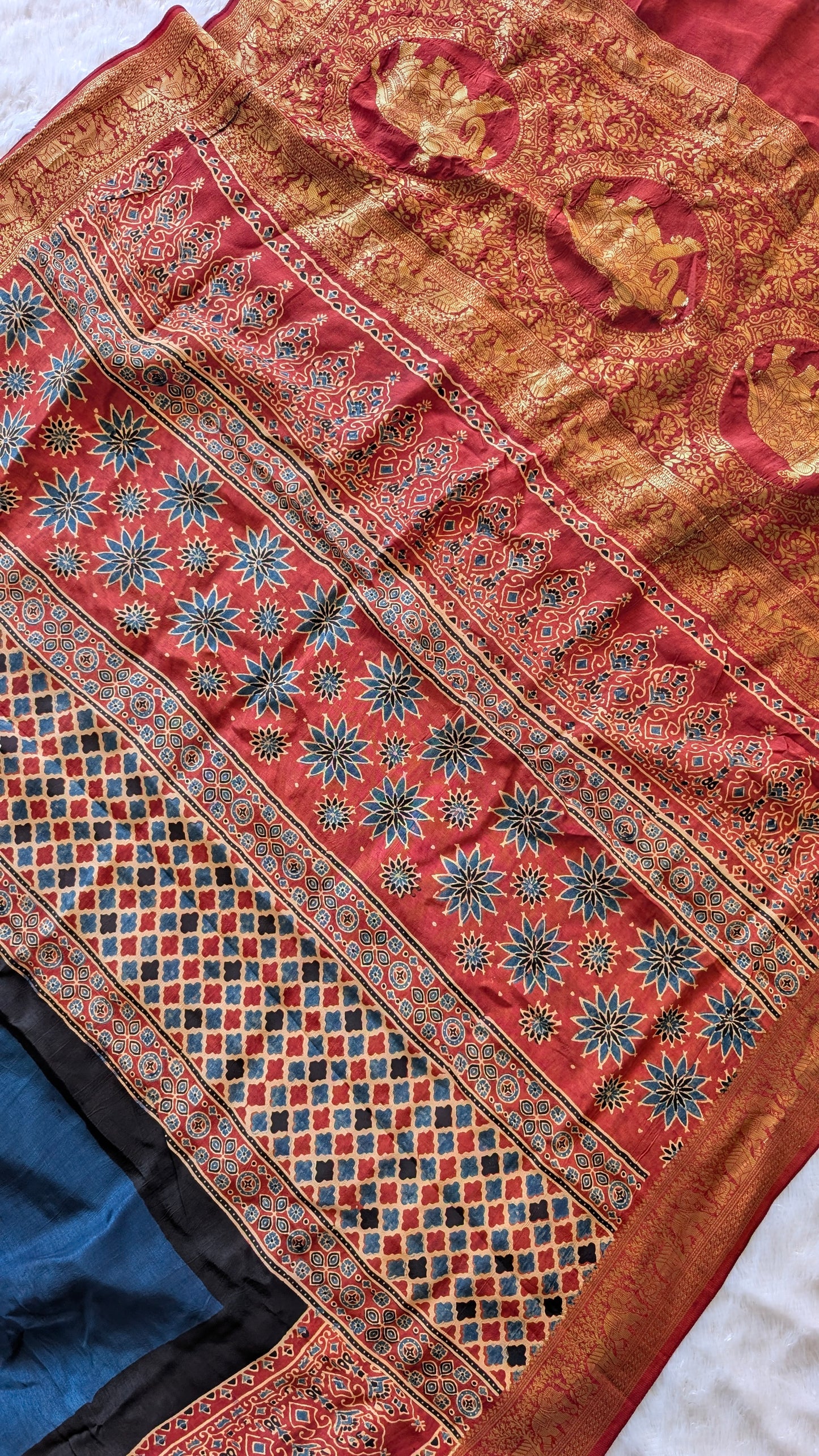 Dola Silk | Ajrakh | Blue and Red