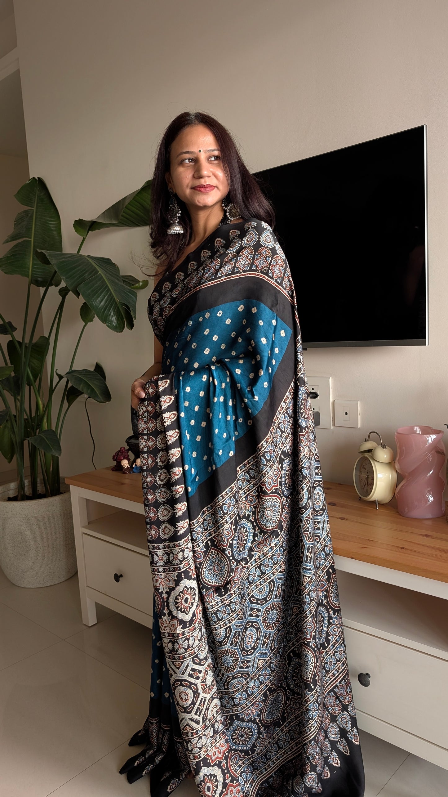 Blue Bandhani Saree with Ajrakh Pallu | TheRangBhoomi Fusion Saree | Peacock Blue